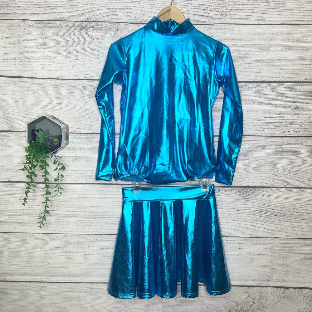 EXCHIC Metallic Blue Long Sleeve Bodysuit & Skater Mini Skirt Rave Set Size M/L